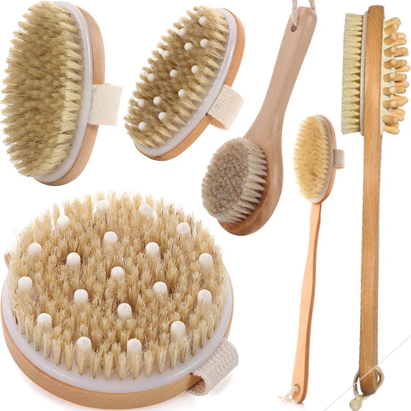 DrySkinWoodBodyBrushExfoliationNaturalBristleBackBrush