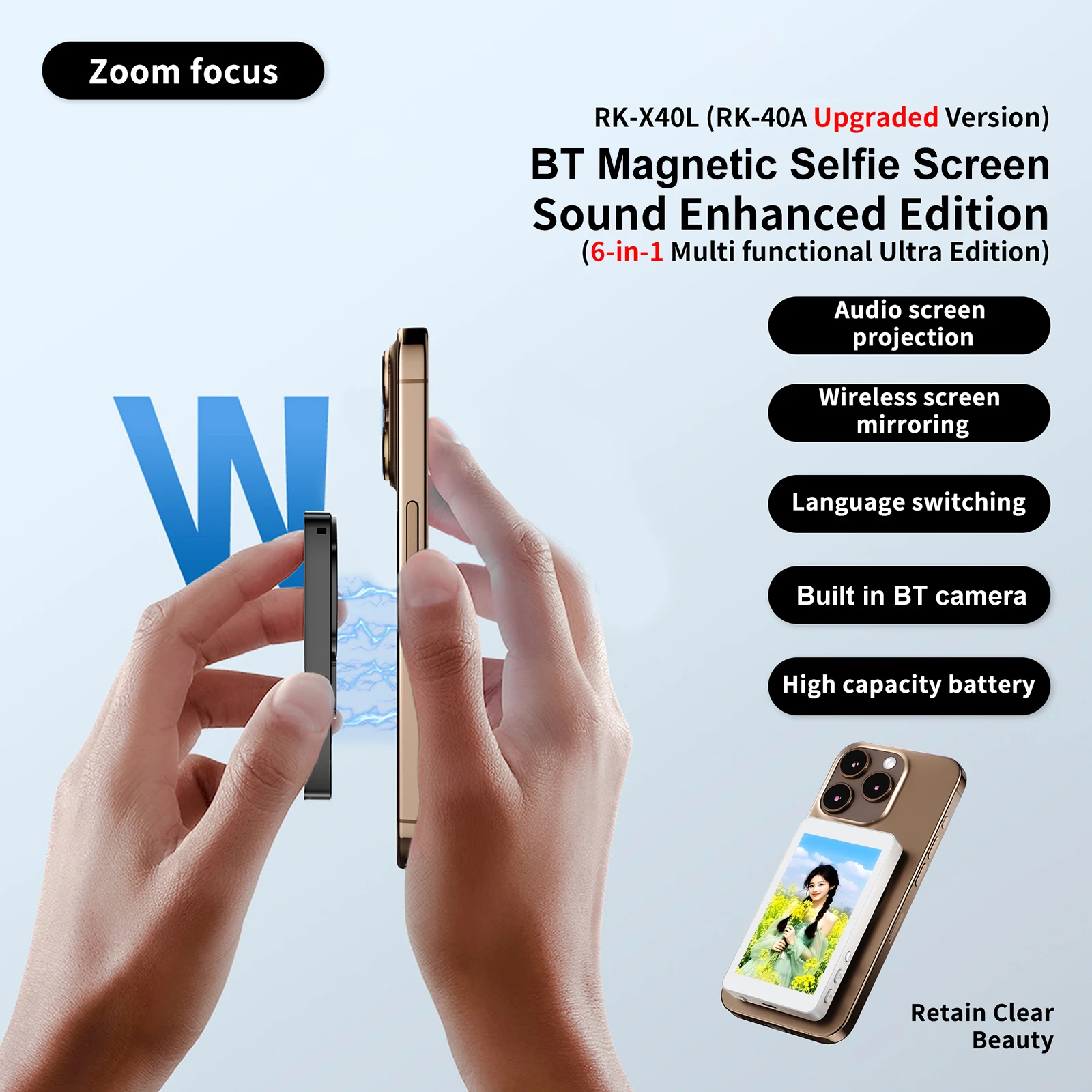 Magnetic Wireless Selfie Monitor Screen For IPhone Android, 4inch HD Expansion Display Phone Rear Camera Vlog Live Selfie Screen