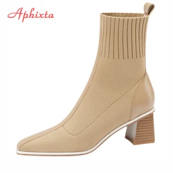 Aphixta 2023 New 6.5cm Chunky Heel Beige Coffee Stretch Cotton Fabrics Sock Boots Women Stretch Kniting Pointed Toe Shoes
