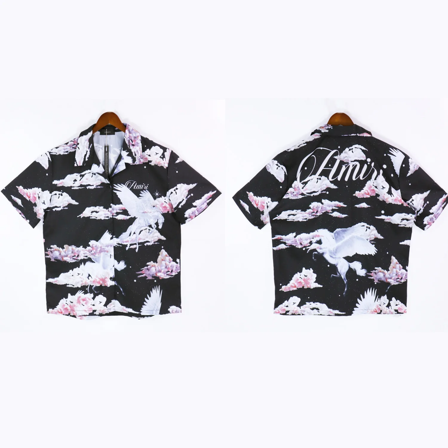 

23SS New Trendy Brands Black Pegasus Rosy Clouds Printing Short-sleeved Shirt Men Beach Loose Cardigan Short T-shirt Streetwear