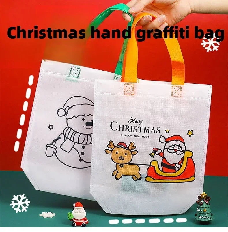 10-50PCS DIY Weihnachten Graffiti Tasche Vlies handgemachte Färbung Taschen für Kinder Malerei Kunst Handwerk Geschenk wiederverwendbare Weihnachten Handtasche – Detail 1