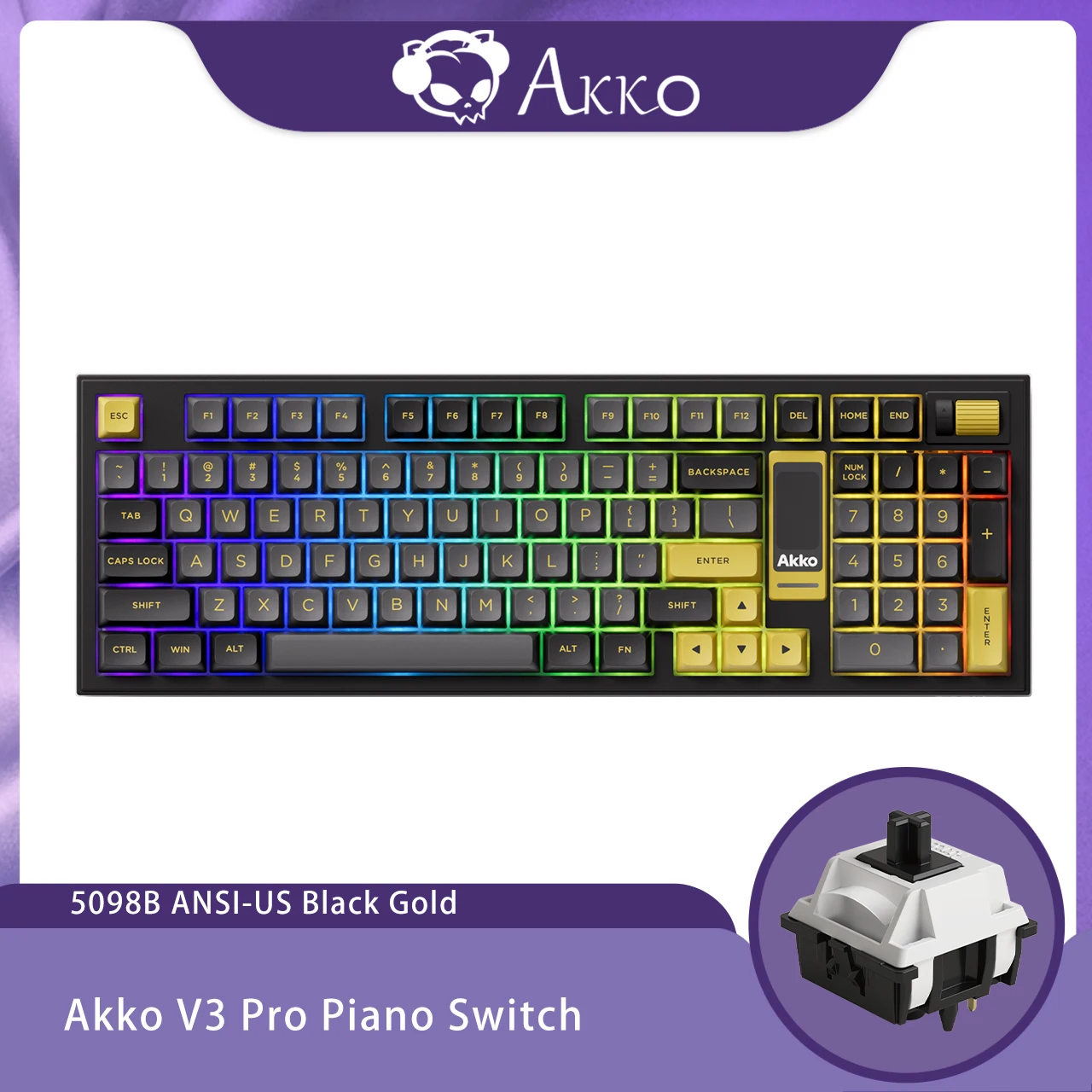 Akko 5098B Teclado mecánico inalámbrico para jugar, color negro y dorado, con pantalla TFT, perilla Vertical, 96 teclas, junta retroiluminada RGB intercambiable en caliente