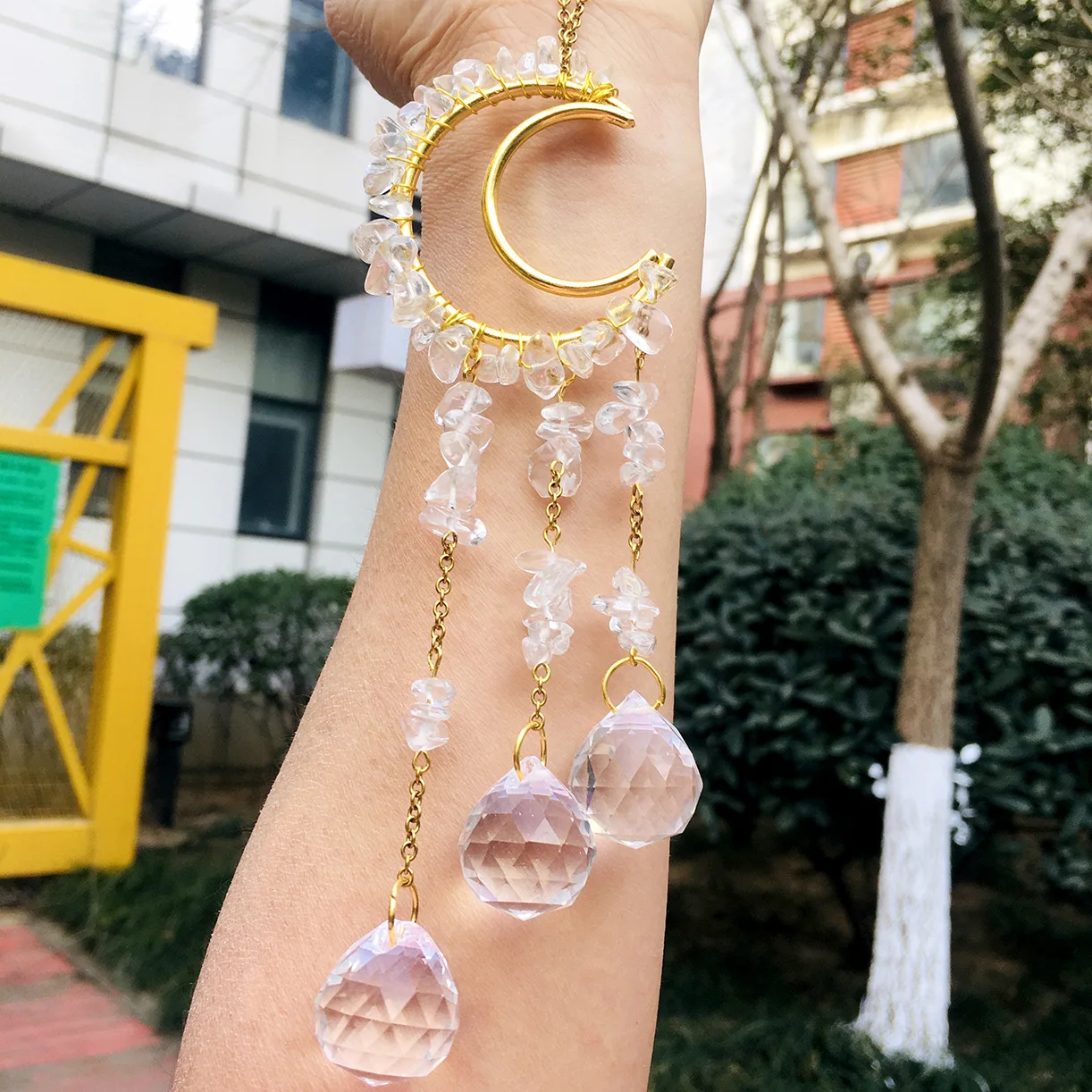 Natural Amethyst Stone Hollow Moon Crystal Decorative Wind Chime Sun Catcher Stone Necklace Crystal Necklace Jewelry Charms