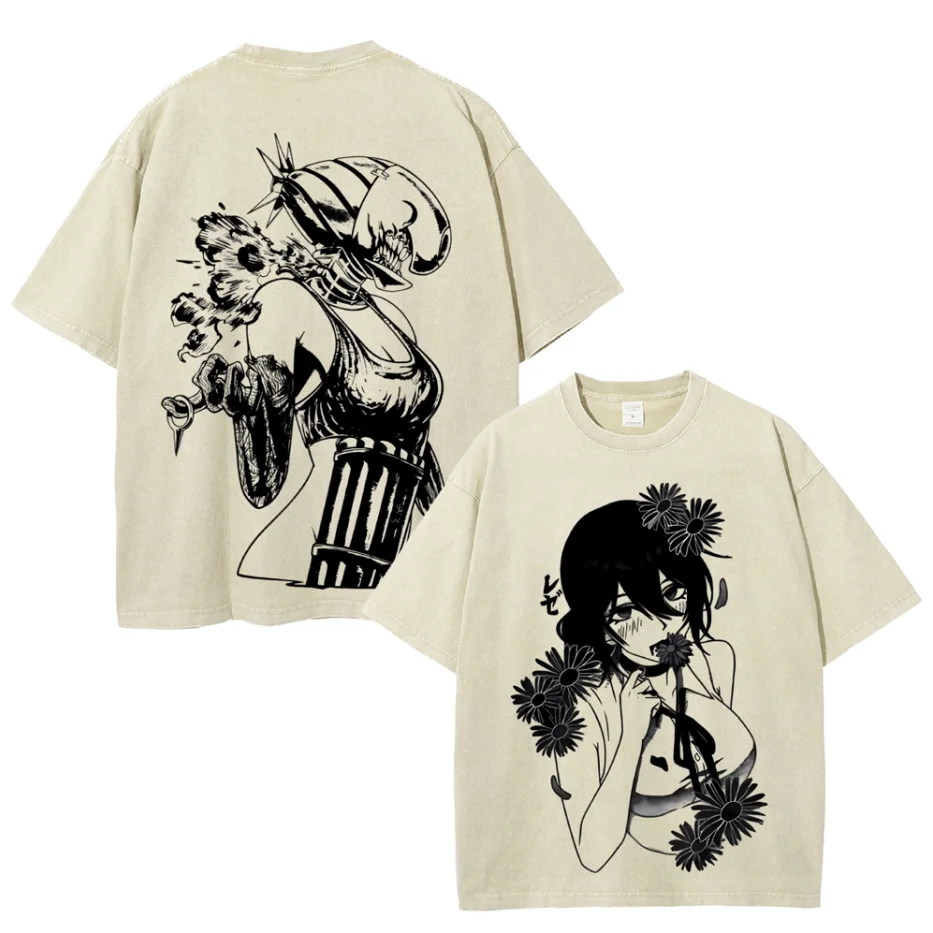 Vintage Gothic Washed Oversized Chainsaw Man Anime T-Shirt - Unisex Short Sleeve Cotton Tee