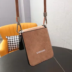 SheepSkin PU Leather Phone Cover with Wrist Strap and Portable Lanyard - Galaxy Z Flip5 (Khaki With Lanyard)