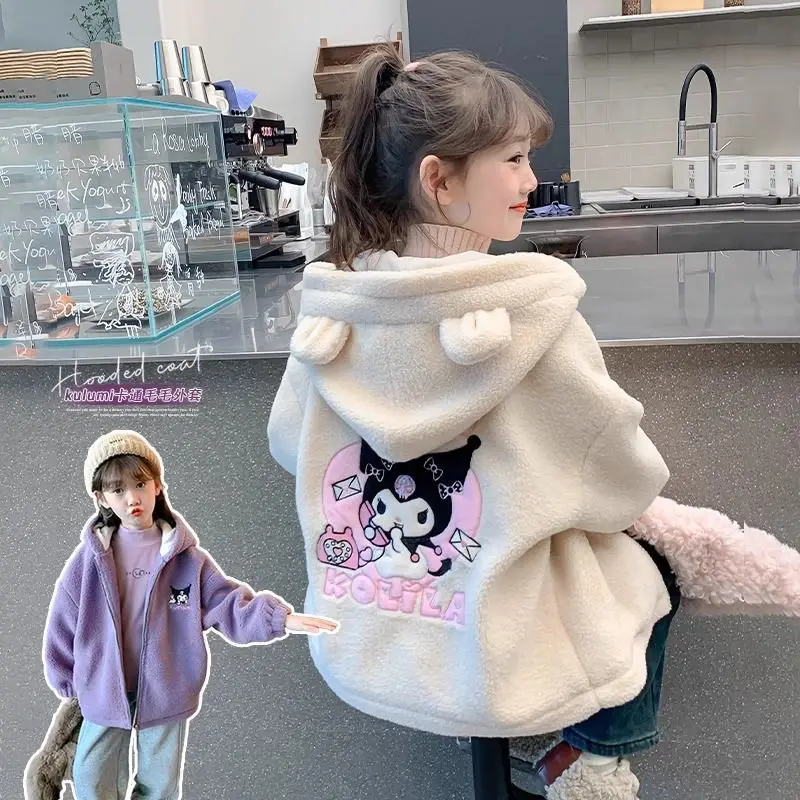 

Sanrio Kuromi Anime Children Autumn Winter Thickened Hooded Coat Cartoon Cute Girl Casual Kawaii Comfortable Velvet Hooded Coat