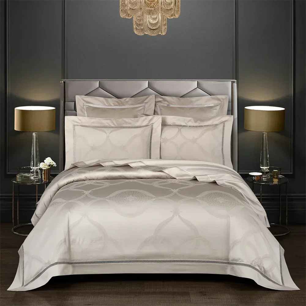 

Svetanya Family European Dark Golden Satin Egyptian Cotton Duvet Cover Set 4/6/7Pcs Jacquard Queen King Bedlinens Cushion Covers