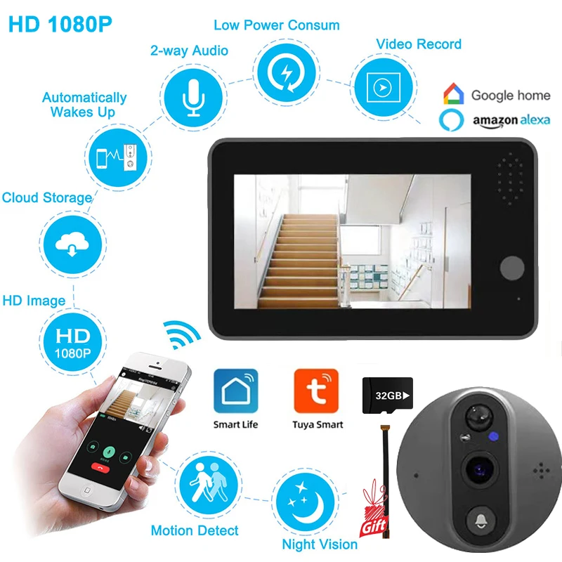 Tuya Smart Video Door bell Home Peephole Doorbell 1080P Camera wifi 4.3