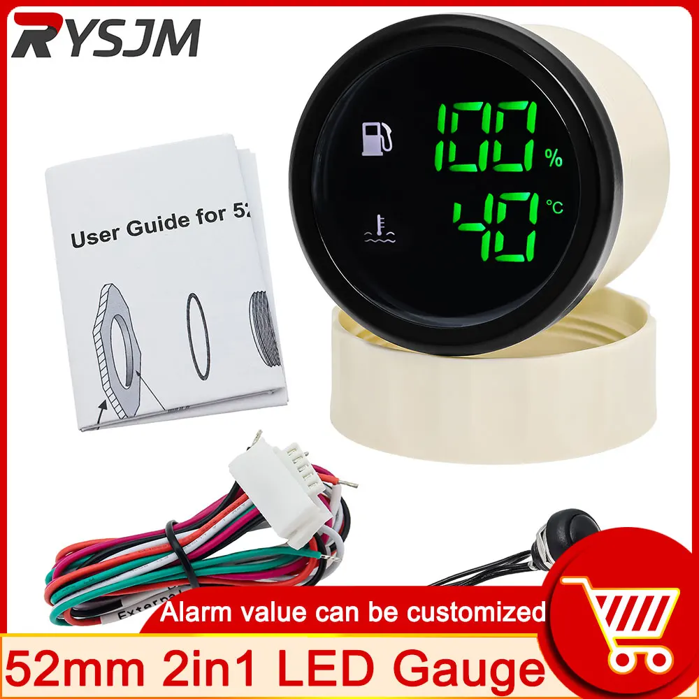 Hd 52mm Fuel Level Gauge + Water Temprature Meter Universal Two In One
