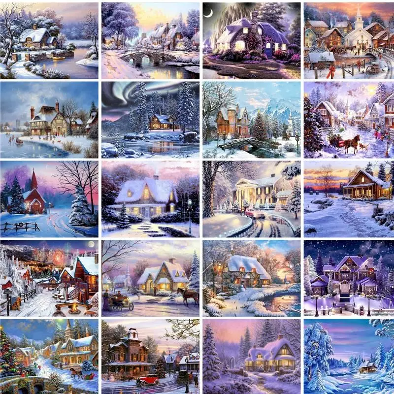 GATYZTORY Paint By Number Snow House Drawing On Canvas Winter Scenery Diy Pictures By Numbers Kits Handpainted Home Decor