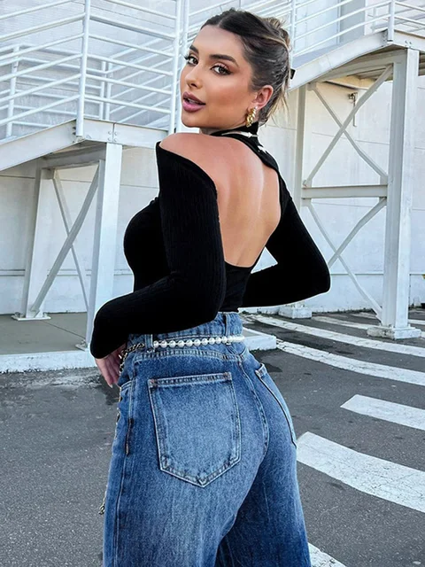2022 Autumn Winter Women Sexy Bodycon Bodysuit Backless Solid Knitted Long  Sleeve Body Tops For Women - Rompersu0026playsuits - AliExpress