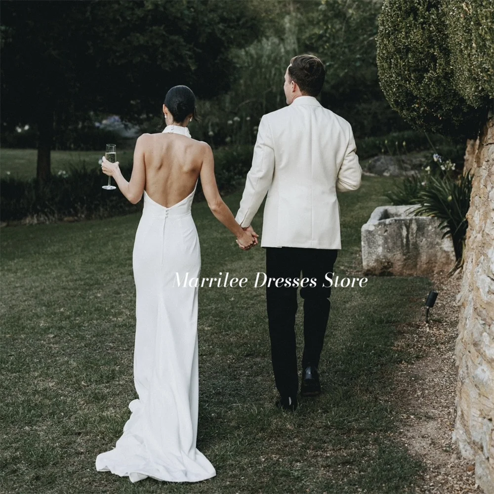 Marrilee Mermaid Stain Wedding Dresses Sleeveless Floor Length Backless Button Bridal wedding dresses