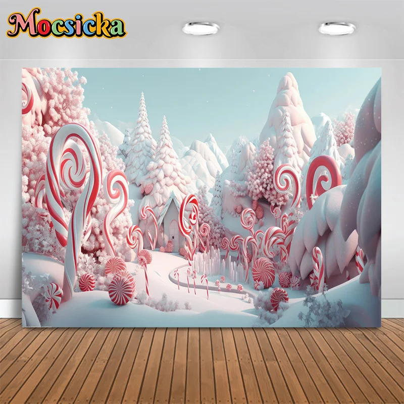 

Mocsicka Xmas Photography Background Pink Candy Frozen Snow Backdrop Birthday Party Girl Artistic Photo Photo Banner Studio