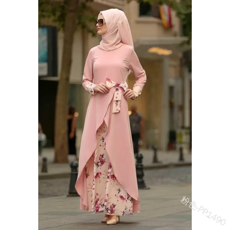 WEPBEL Muslim Dress Women O Neck Full Sleeve Casual Autumn Floral Bow Abaya Islamic Lady Elegant Maxi Dresses