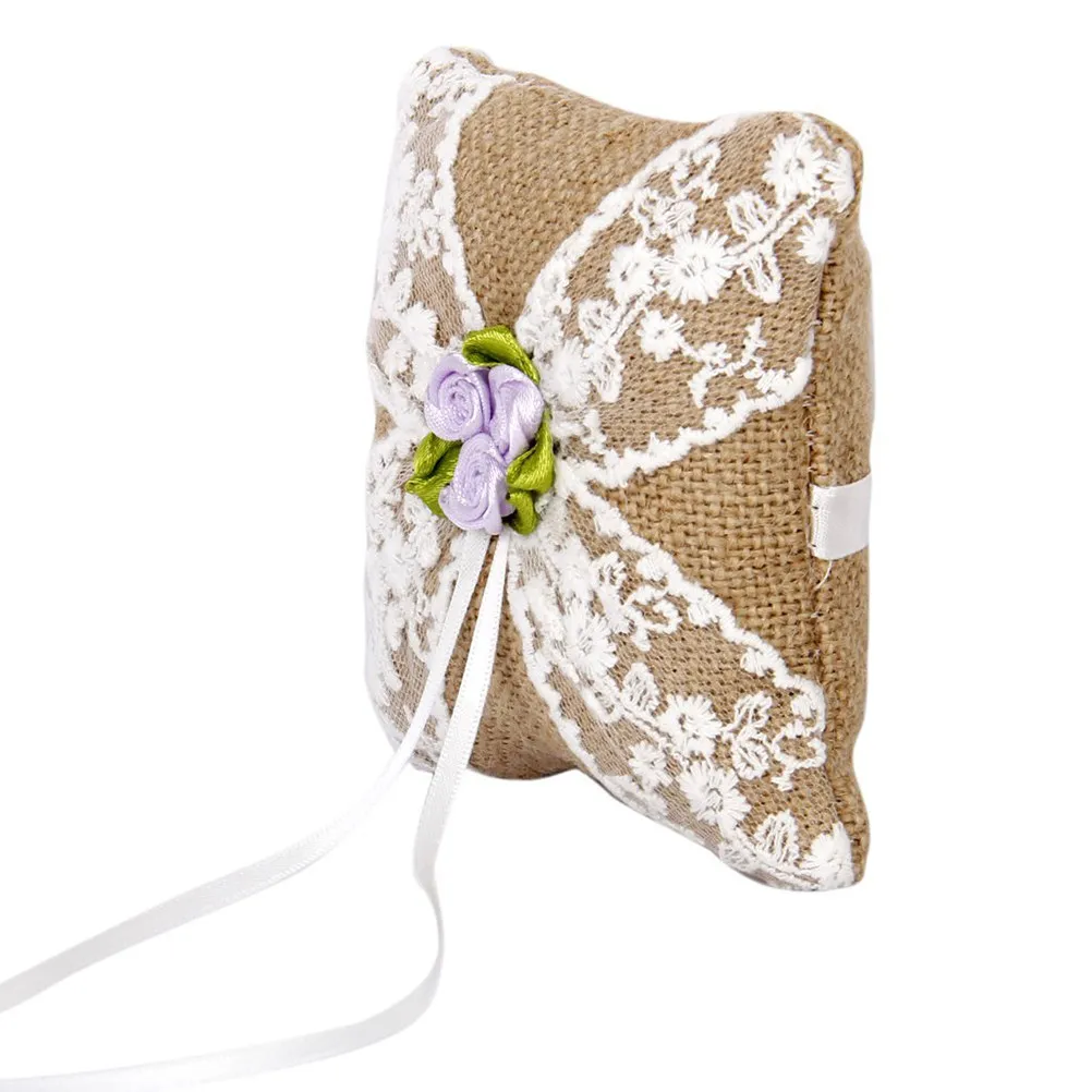 웨딩 링 베개 삼베 레이스 꽃 브라운 10x10cm 소박한 스타일 스트랩 링 베어러 쿠션 기념품 신부 용품