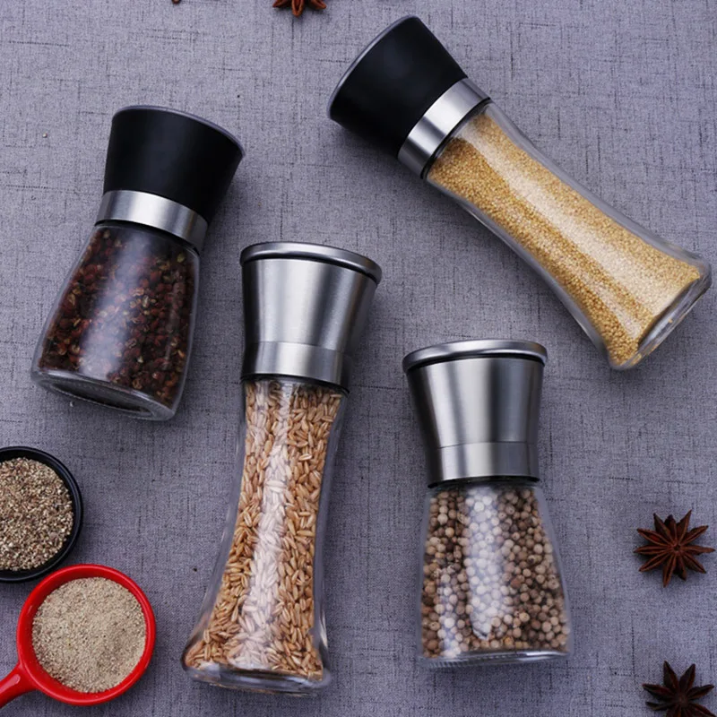 Salt and Pepper Grinder Set, Stainless Steel Sea Salt & Pepper Grinder  Refillable Set, Manual Adjustable Ceramic Salt and Pepper Grinders, Clear  Glass Metal Pepper Mill Set,2pcs Tall 