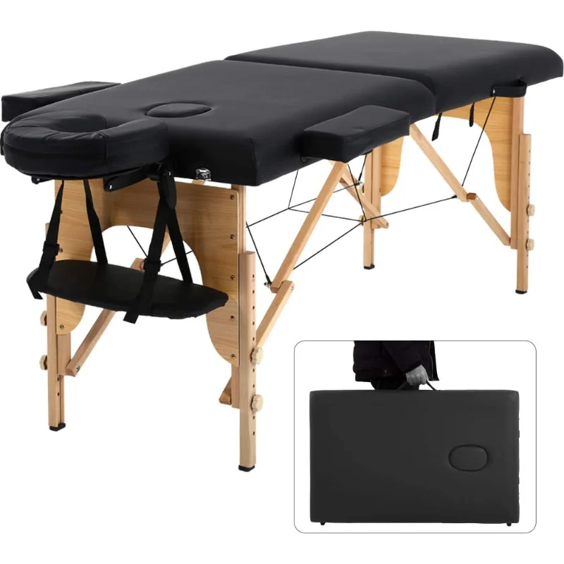 Dkeli Portable Massage Table Spa Bed Folding 84 Inch Height Adjustable 2 Fold Massage Bed with , Hold Up to 450Lbs, Black 84 2 sections folding portable beauty bed beech leg beauty massage table 60cm wide adjustable height wine red 186 x 60 x 60 cm