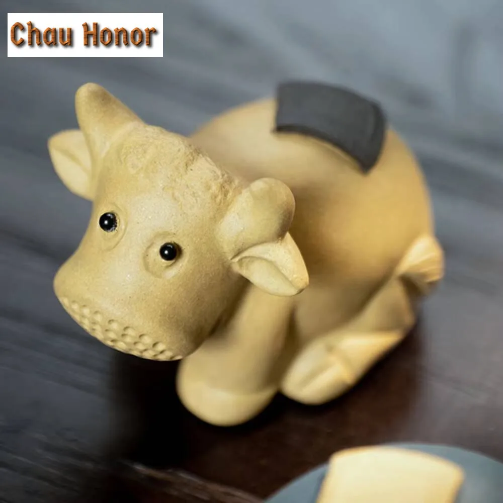 Yixing Purple Clay Tea Pet Chinese Five Blessed Ox Statue Ornaments Handmade Sculpture Figurine Crafts Zisha Tea Set Decoration