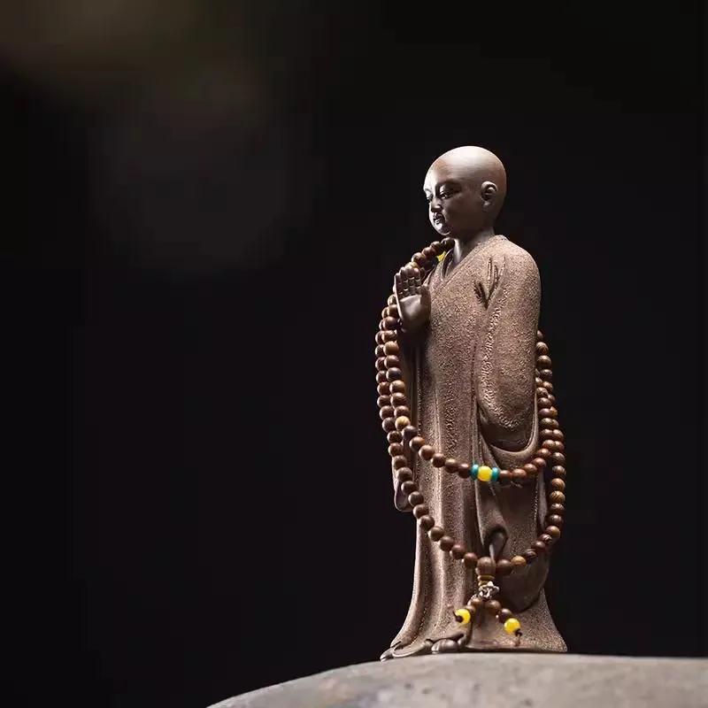 Ceramic Little Monk Sculpture, Purple Sand Art, Desktop Decorative Figure Statue, High-End, Home, Office, Tea Room, Retro Style