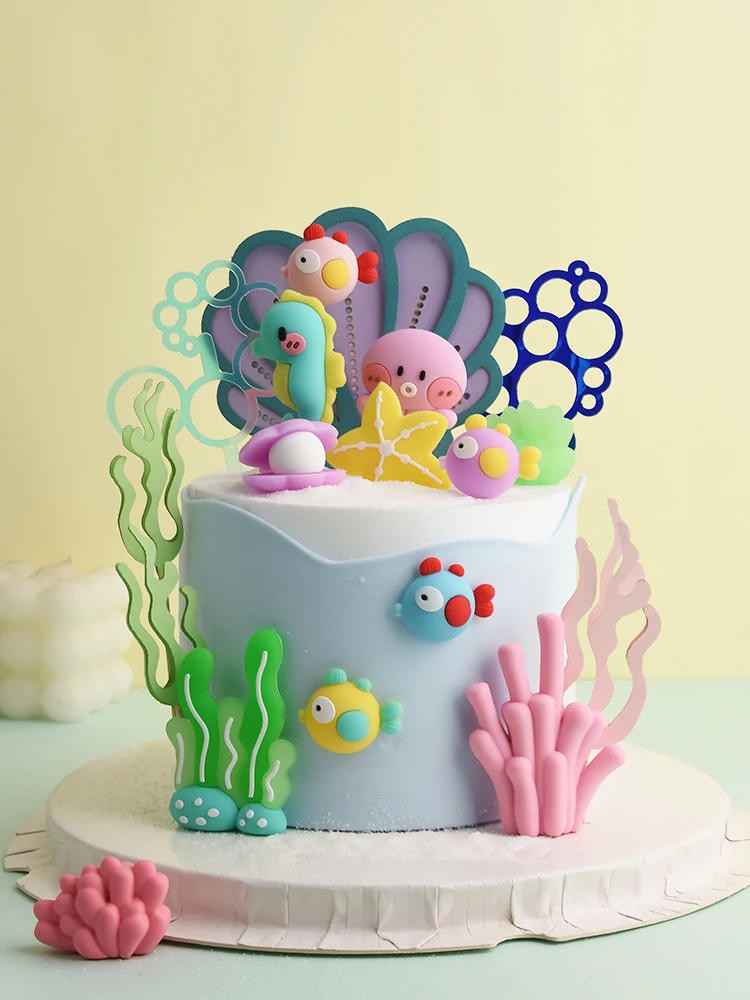 Mermaid Cake Topper Cute Coral Seagrass Seashells Ocean Theme Cake Decoration Kids Happy Birthday Baby Shower Primo Compleanno