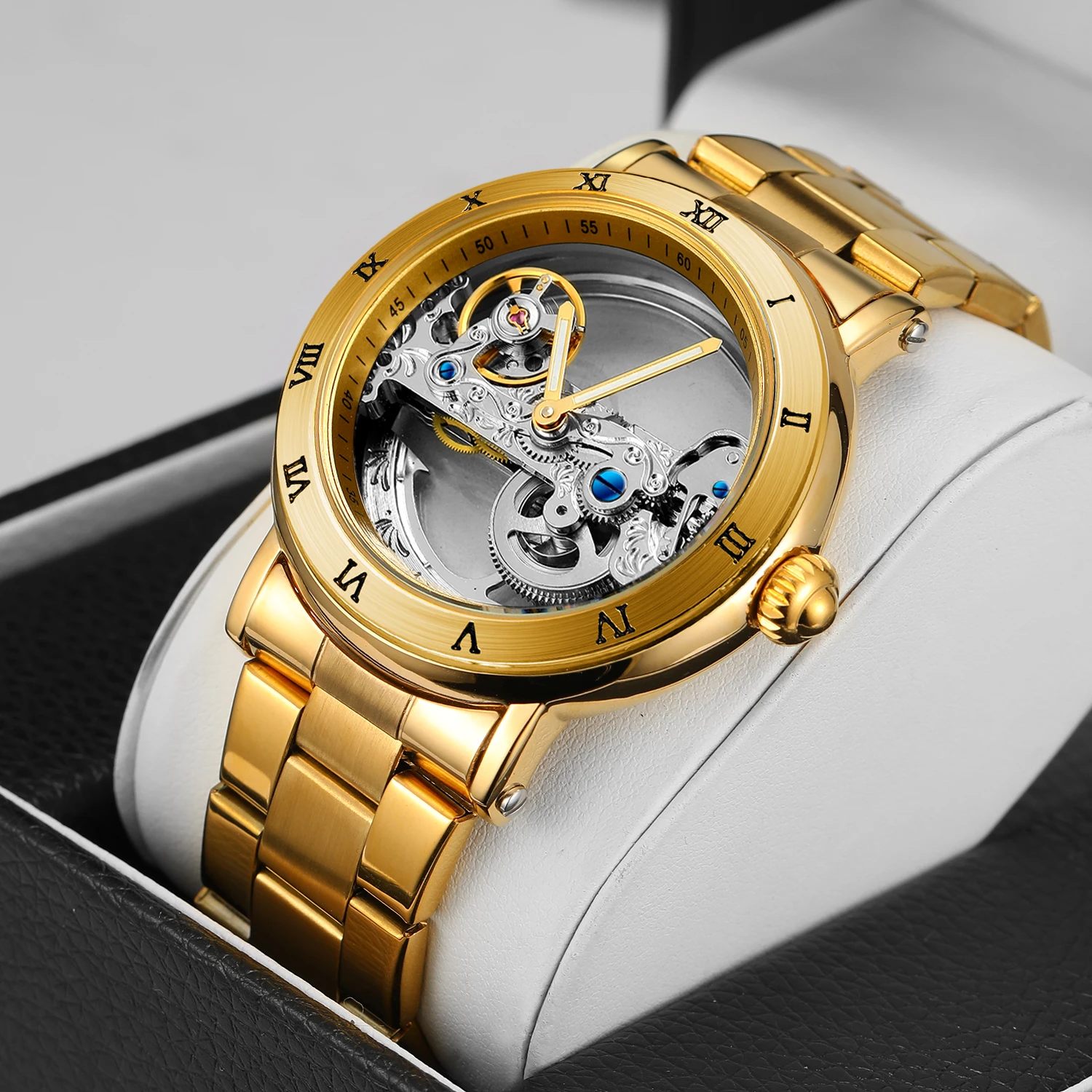 Orologio Automatico Uomo Scheletrato Con Mappa Del Mondo - Cassa Placcata Oro 18K, Vetro Zaffiro, Cinturino Pelle