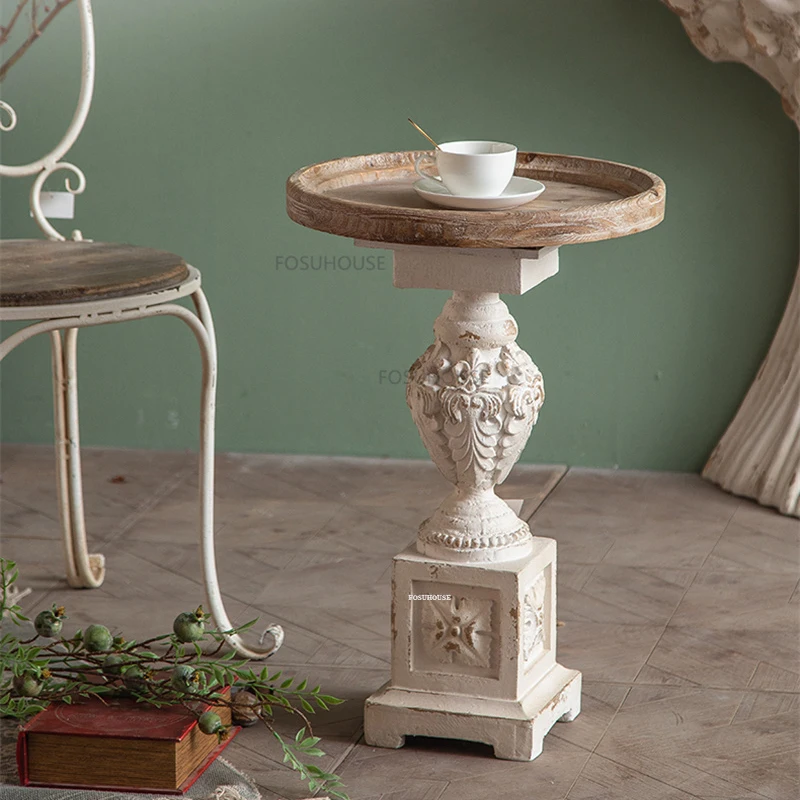 Nordic Solid Wood Coffee Table for Caf&eacute; Furniture Small Round Table Vintage Upscale Roman Carving Design Coffee Shop Side