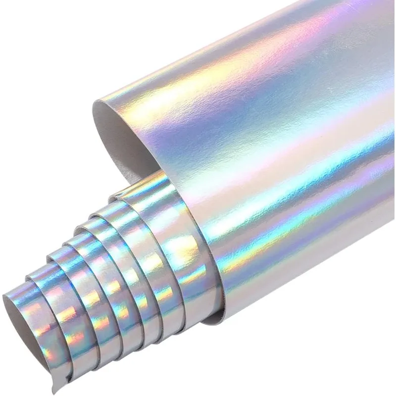 Holographic Faux Leather Fabric 54x39inch Silver PU Leather Roll Laser Fabric Soft Faux Suitable