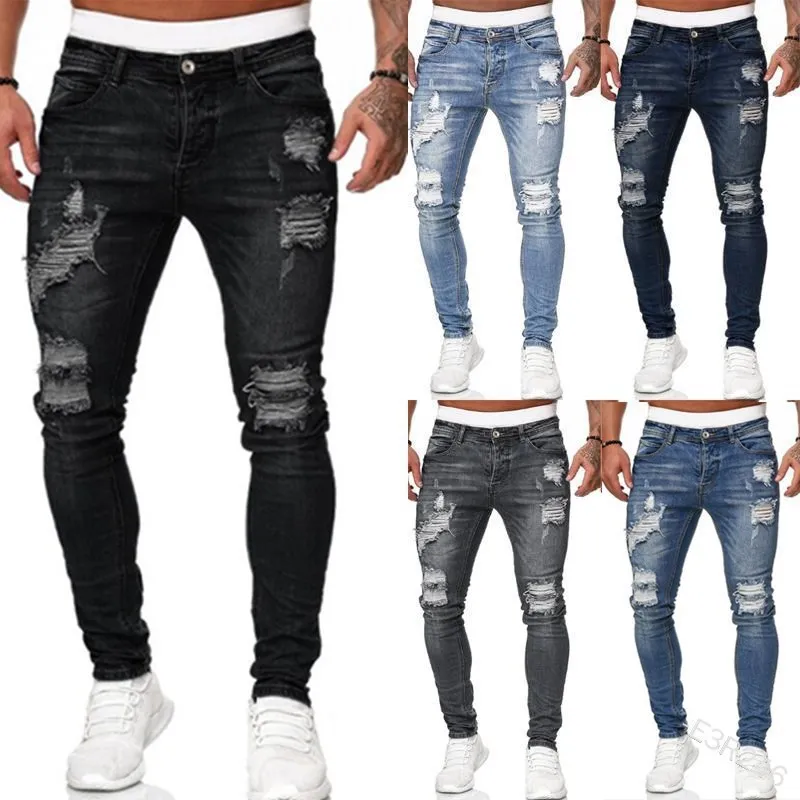 

Men's Vintage Wash Solid Denim Trouser 3 Colors Men Stretchy Ripped Skinny Jeans Destroyed Hole Taped Slim Fit Denim Pants