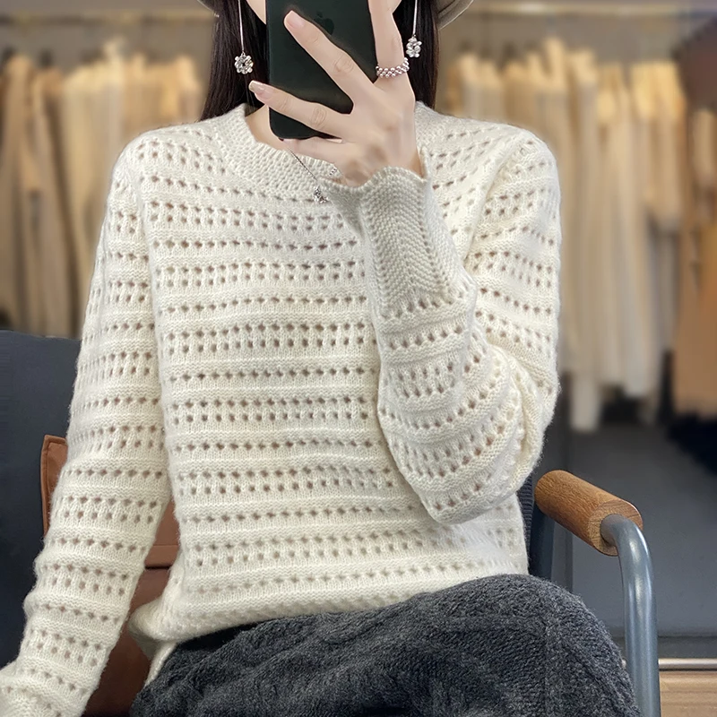 

Women's spring and autumn pullover sweater hollowed out 100% merino wool solid color O-neck cashmere sweater blouse