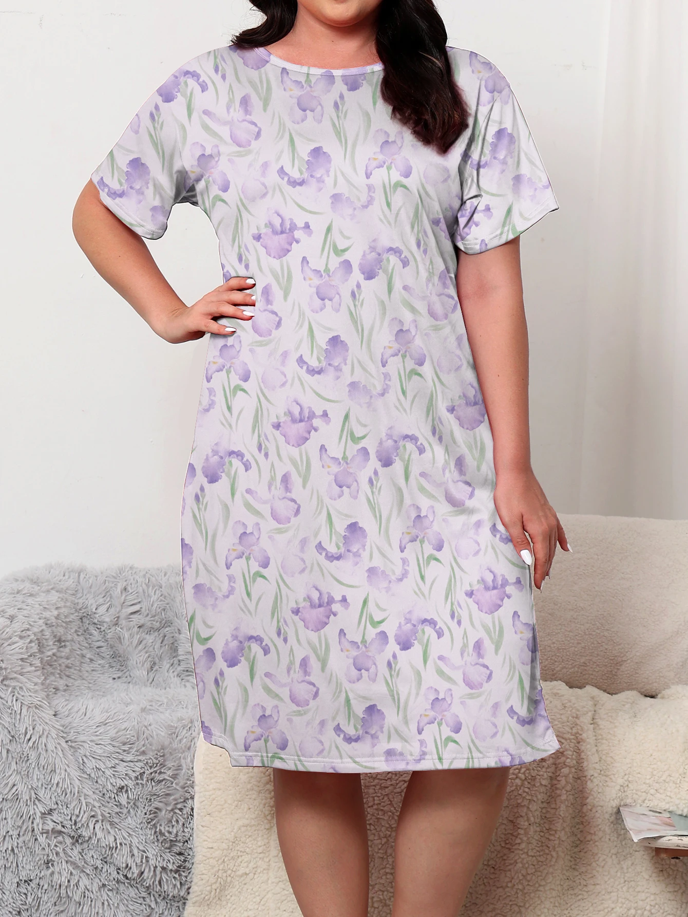 Large size women's pajamas home clothing floral print short sleeved pajama dress
