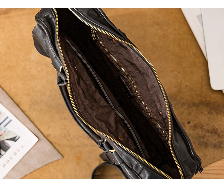 Business handgemachte echtes Leder Männer große Kapazität schwarze Aktentasche Modedesigner Rindsleder Laptop Handtasche Umhängetasche – Detail 15