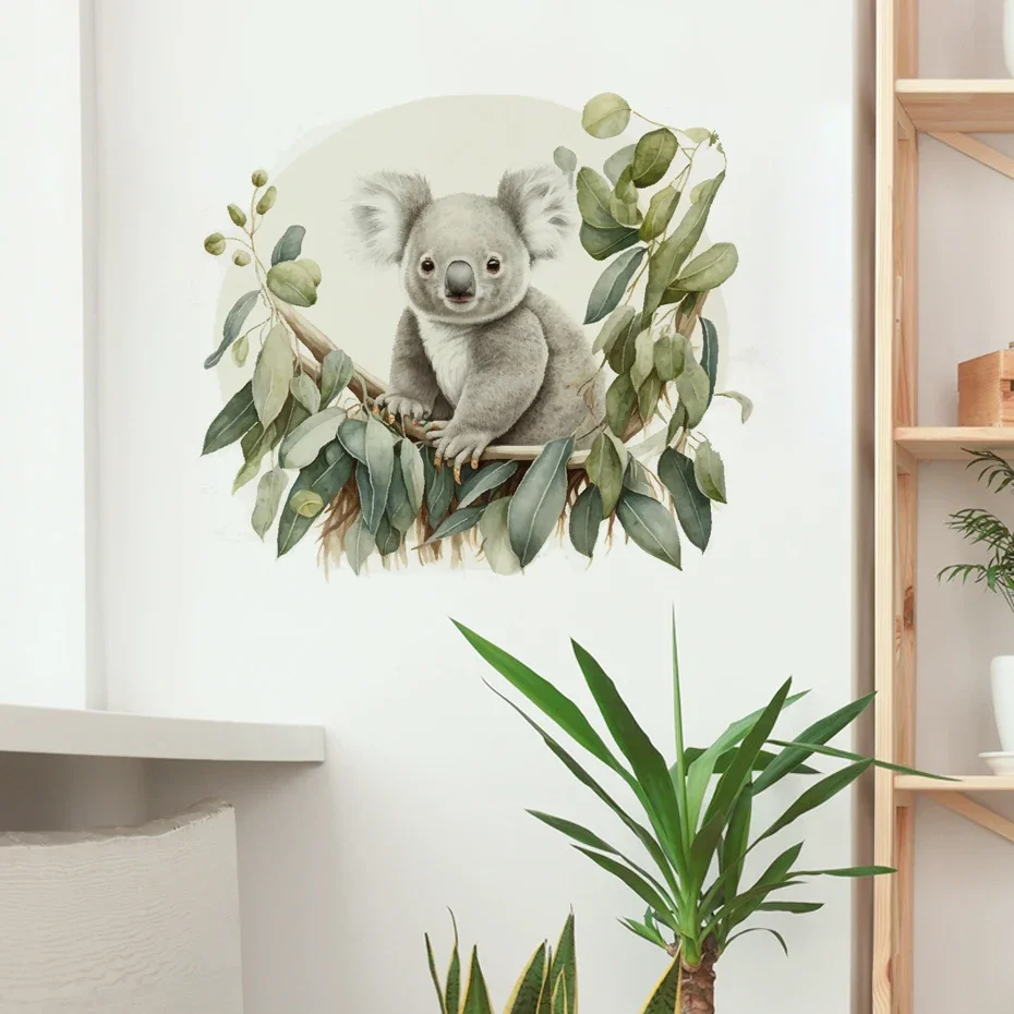 Cartoon Cute Koala Sitting in Eucalyptus Trees Wall Sticker for Kids Rooms Nursery Wall Decor Vinyl Watercolor Home Decor wall stickers vinyl decal stickers children room decoration