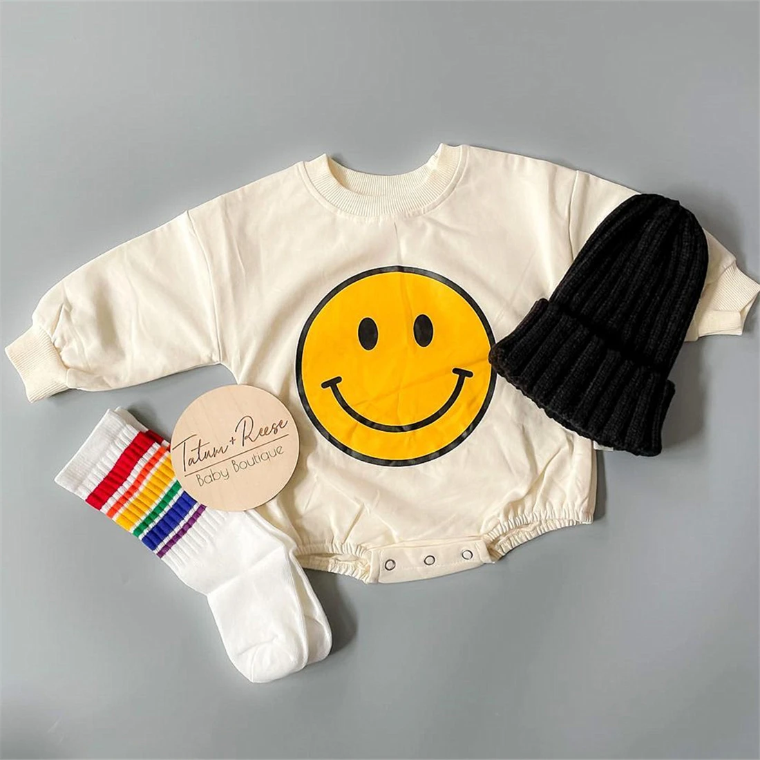 

2024 Cute Infant Baby Boy Girl Romper Cartoon Smile Print Round Neck Long Sleeve Playsuit Autumn Cotton Infant Girl Clothing