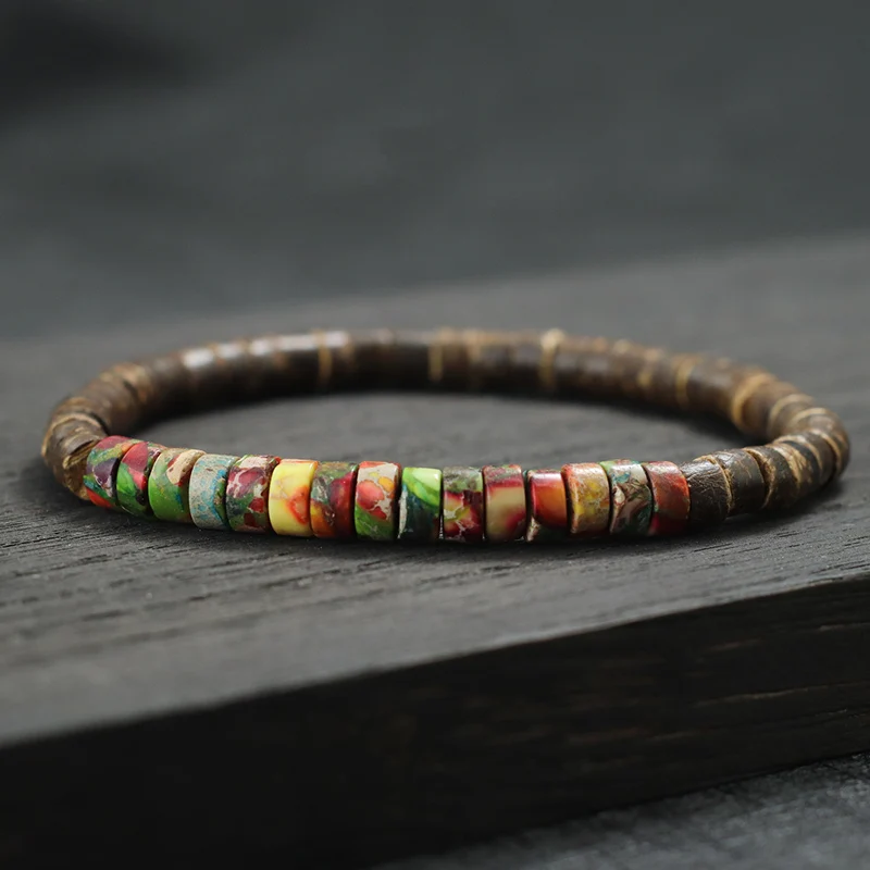 Natural Wood Beaded Men Bracelet with Hematite Stone