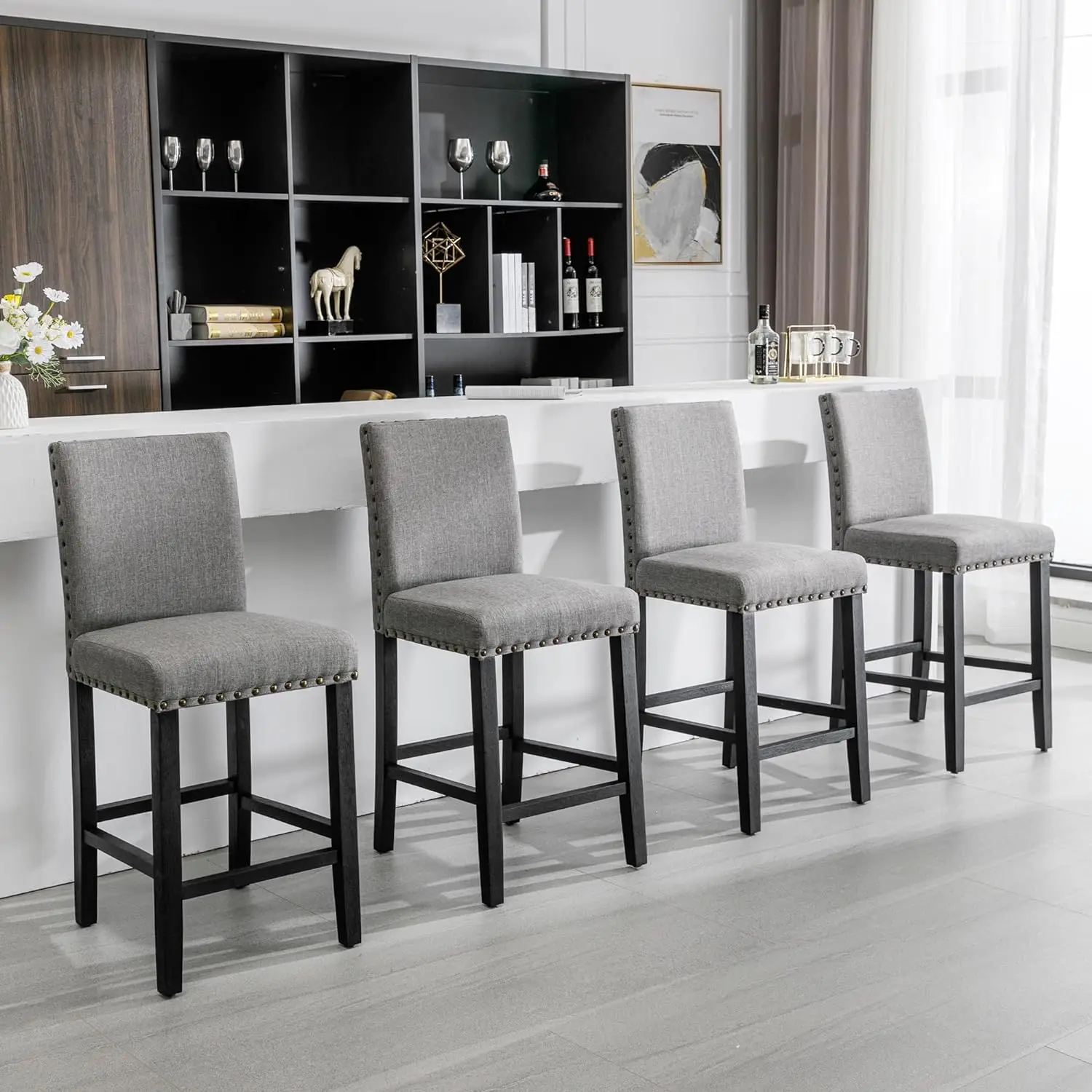 

DAGONHIL 24'' Bar Stools Set of 4, Counter Height Bar Stools with Backs, Nail Head Barstools with Wood Legs, Upholstered Kitchen