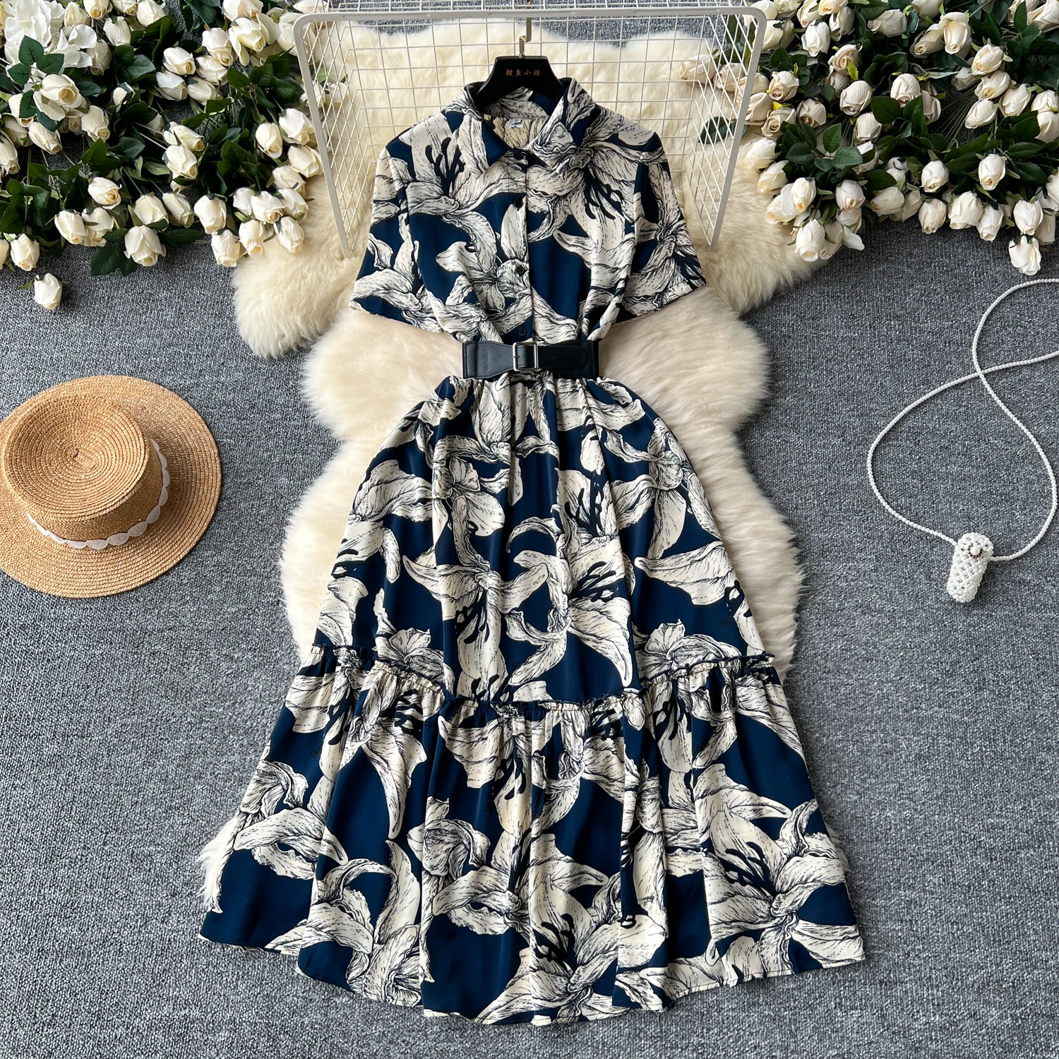 Retro print ruffle Elegant Dress A-line Polo Neck short sleeve Beach  Vacation Dress Women Korean Fashion Summer Vestidos - AliExpress