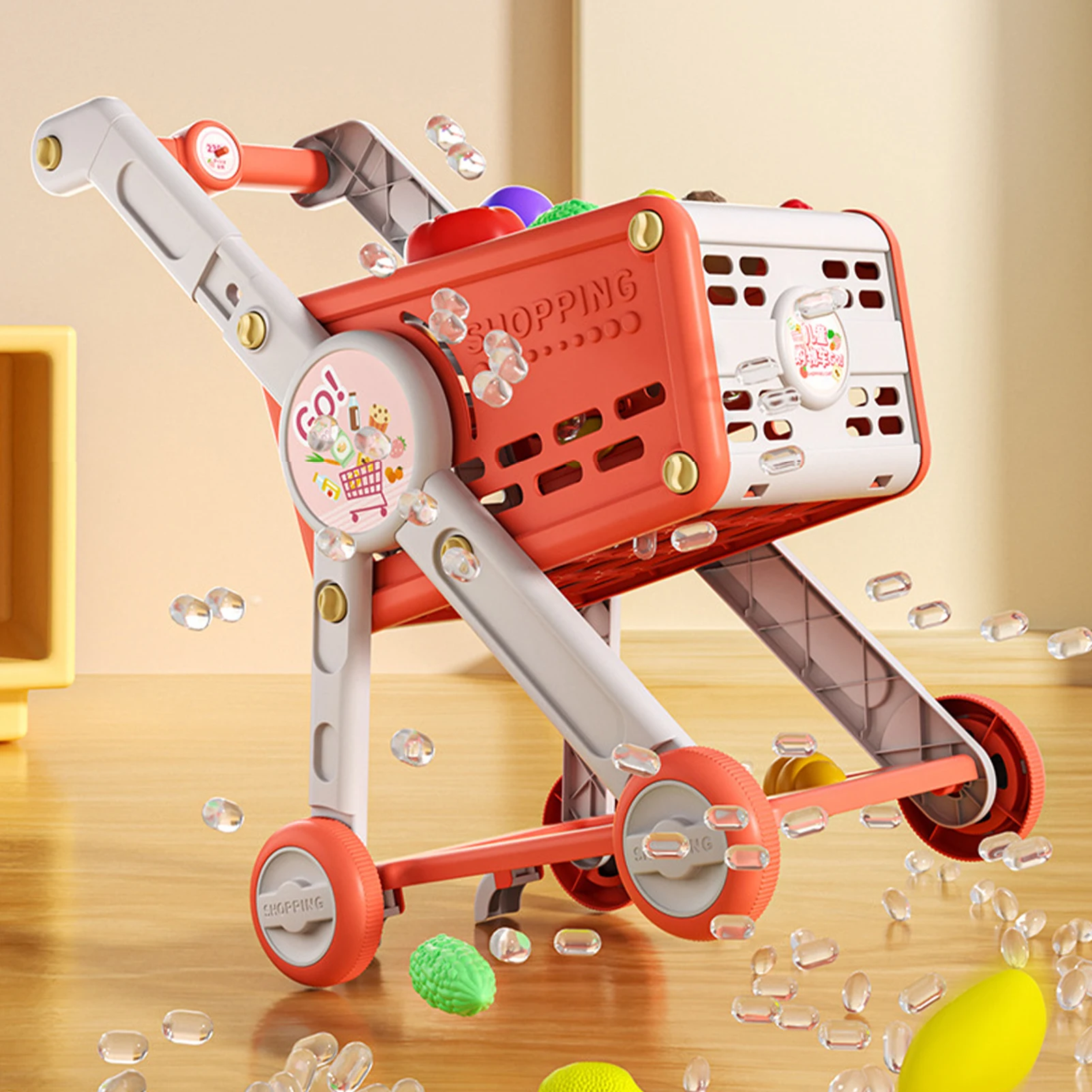 Kids Shopping Cart Toy with 29 Fruit Vegetable Food Accessories Role-Playing Mini Shopping Trolley Pretend Play Grocery Shopping 6