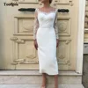 Toofgon Sheath Matte Satin Wedding Gowns Lace Long Sleeves Bride Dresses Pleated Customized Midi Formal Prom Party Bride Dress 1