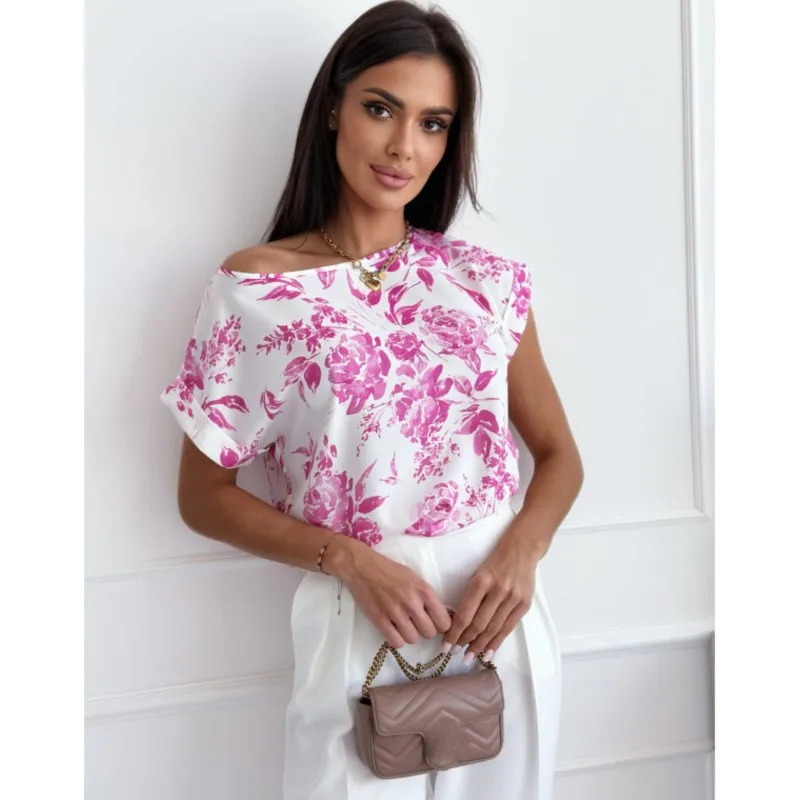 

Elegant Floral Print Blouses & Shirts For Women 2024 Summer Loose O Neck Short Sleeve Office Ladies Blouse Boho Holiday Tops