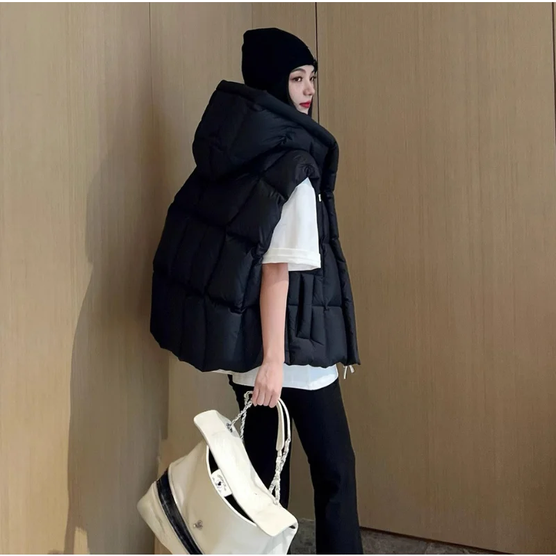 Winter Black Hooded Down Vests Coats White Duck Sleeveless Casual Fashion Women Niche Jackets Loose Keep Warm Skin-friendly Tops