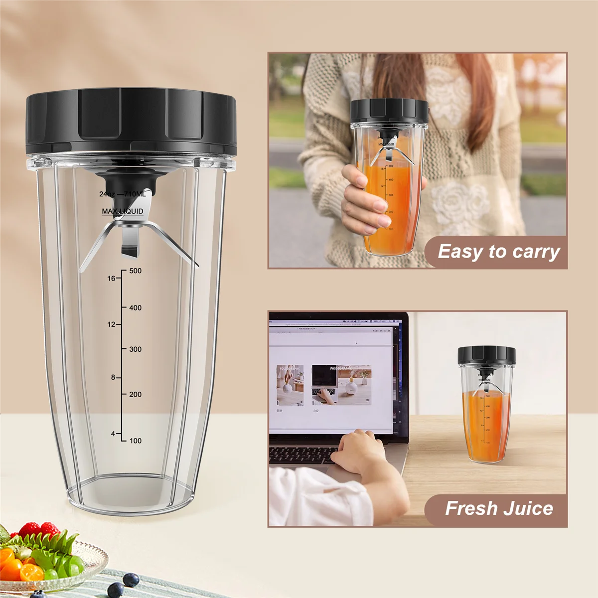 24Oz Blender Cups Compatible For Nutri Ninja Blender BL480 BL490 BL640  Accessories, 7 Fins Extractor Blade - AliExpress