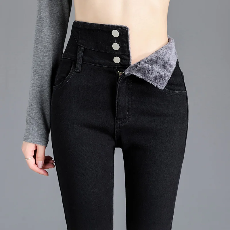 High-quality Winter Thick Fleece High-waist Warm Skinny Jeans Thick Women Stretch Button Pencil Pants Mom Casual Vel