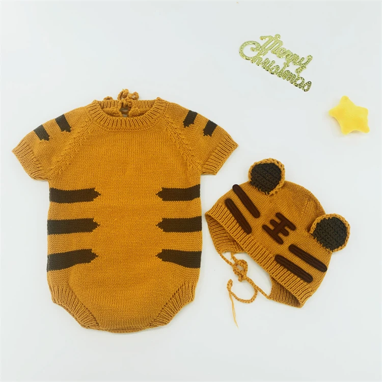 newborn baby clothing gift set Tiger Theme Baby Photo Shoot Clothing Knitted Romper Hat 2pcs Set Infant Boy Girl Photography Clothes Costumes Short Sleeve 3-6M Baby Clothing Set expensive