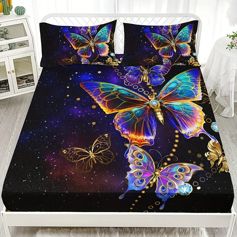 Fashion Luxury Fitted Sheet Set Soft Comfortable Breathable Color Butterfly Print Bedding Set For Bedroom Guest Room 5