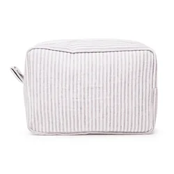 Elegant Embroidered Striped Makeup Bag - Personalized Cosmetic Pouch - Embroidered name (GRAY)