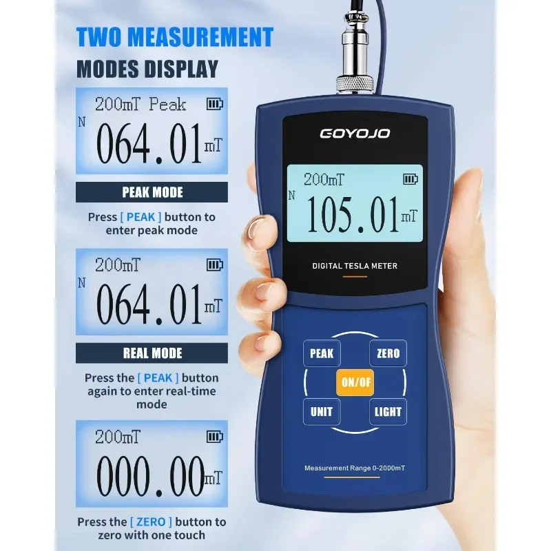 Gauss Meter Tesla Meter Portable Digital Magnetometer for Measuring Magnetic Strength and Polarity