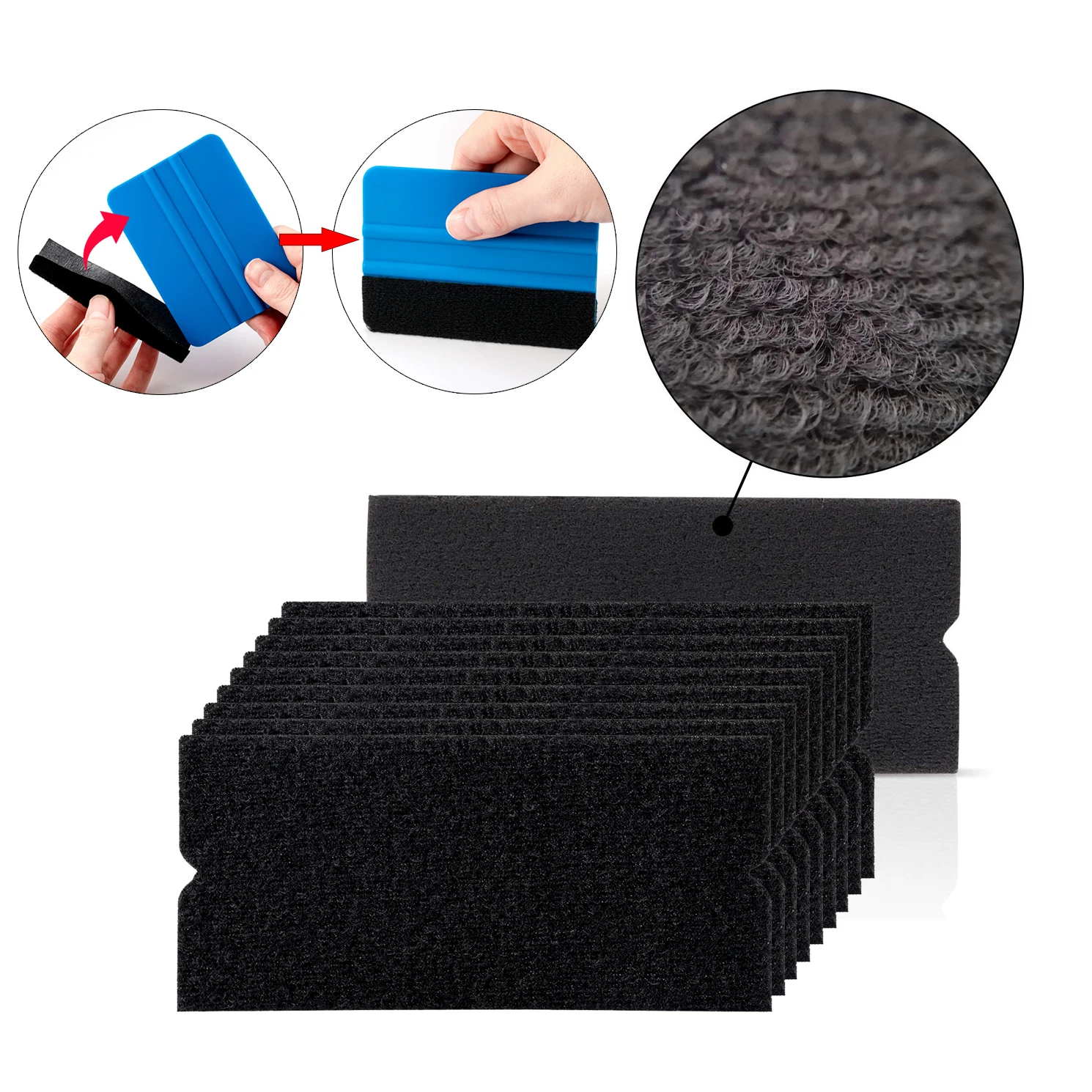 FOSHIO 10pcs Spare Fabric Felt Edge Protector For 10cm Squeegee Carbon Fiber Wrap Car Film Scratch-Less Cloth Window Tint Tools