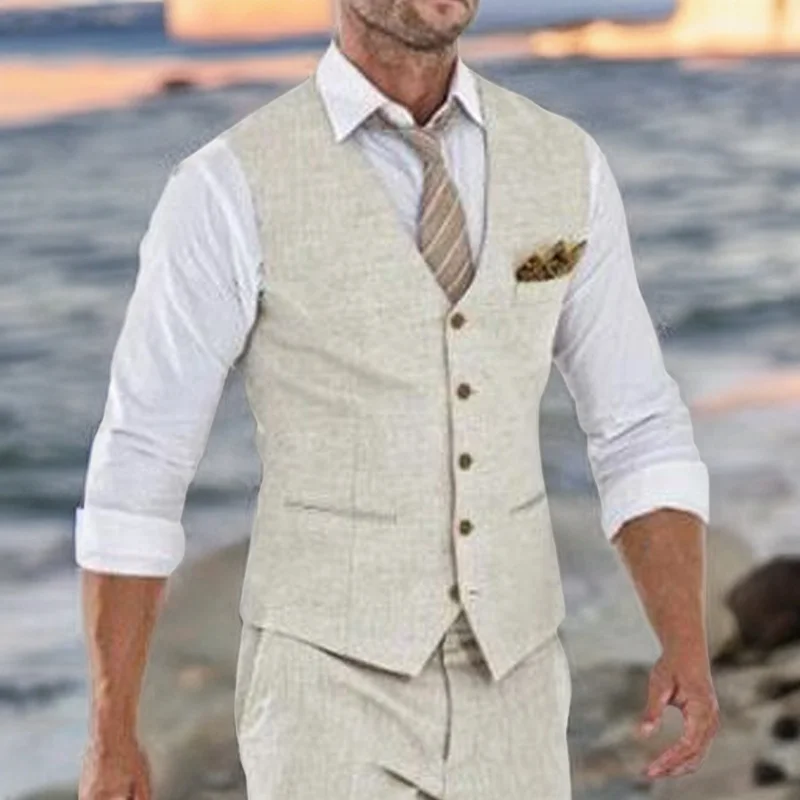 Chaleco de traje de lino Beige para hombre, chaleco de una pieza para boda, verano, playa, cuello en V, costo de moda masculina