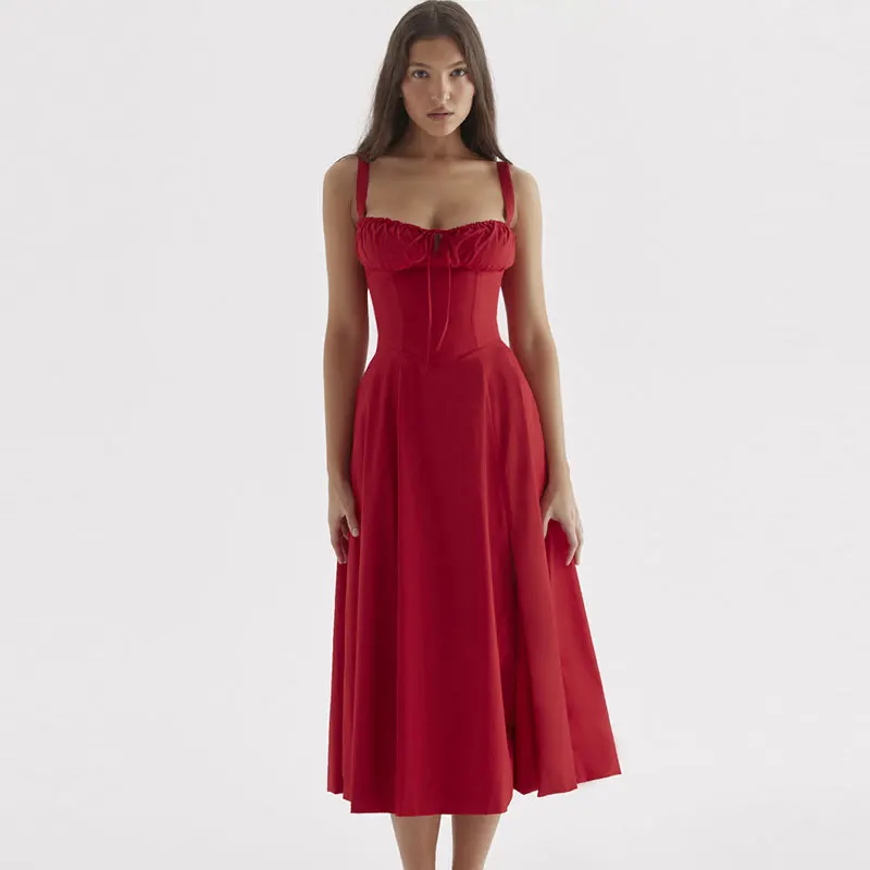 Robe à bretelles imprimée florale pour femmes, robe trapèze élégante, couleur unie, coupe couvertes, fente latérale, taille, été 2023 9