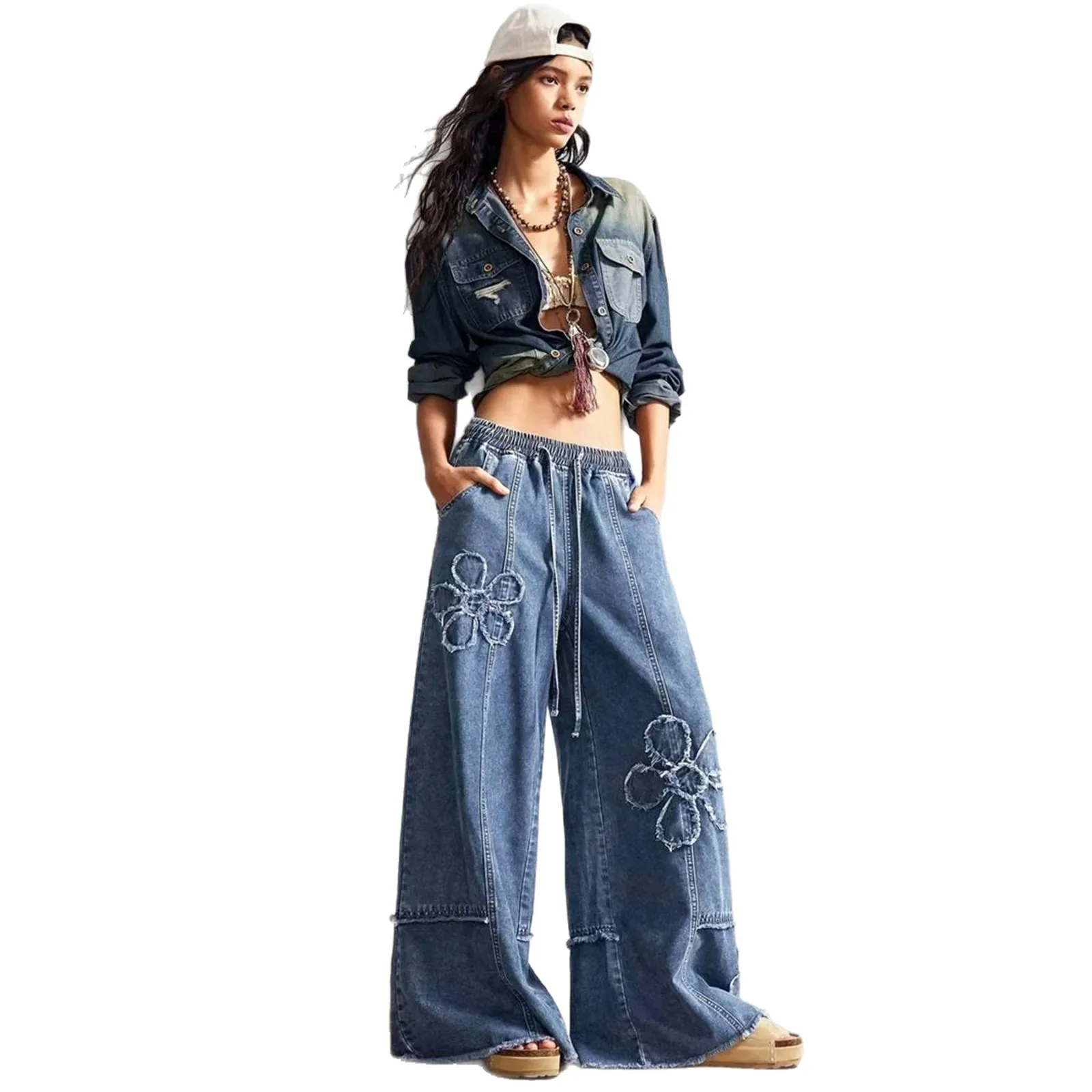 Jean en denim ample à jambe large pour femme, avec cordon de serrage à pampilles, taille élastique, patch brodé, coupe fluide et longueur au sol